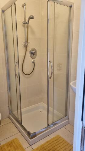 a shower with a glass door in a bathroom at 2 Bedroomed Ground Floor Apartment in Kenmare