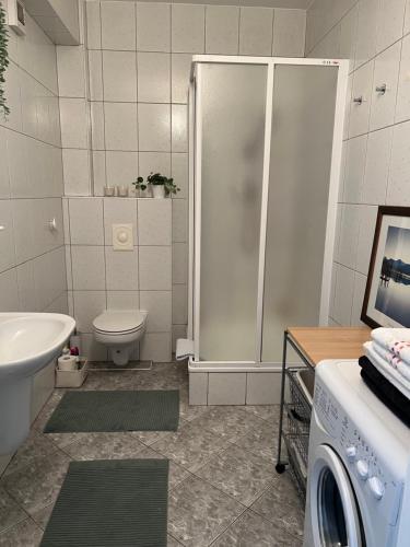 a bathroom with a shower and a toilet and a sink at Apartament Przy Kawczej in Międzyzdroje