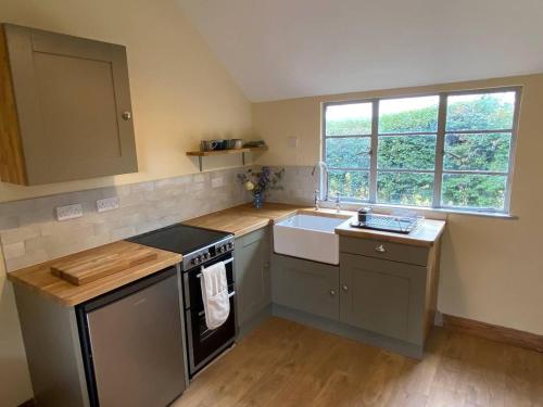 a kitchen with a sink and a stove top oven at Orchard Cabin Herefordshire Wye Valley in Ross on Wye