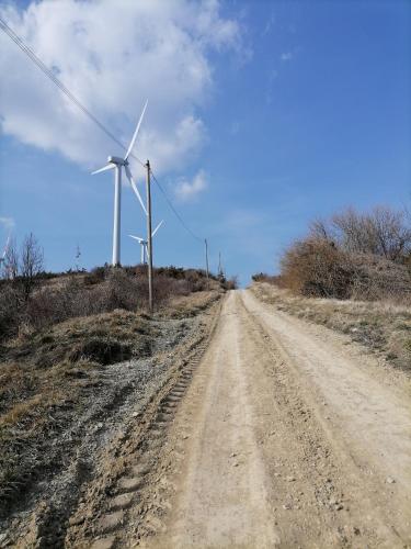 a dirt road with two wind turbines in the distance at B&B Picchio in Madonna di Fornelli