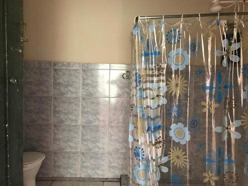 a bathroom with a shower curtain with flowers on it at Casarão D'Ávila aluguel por temporada in Goiás