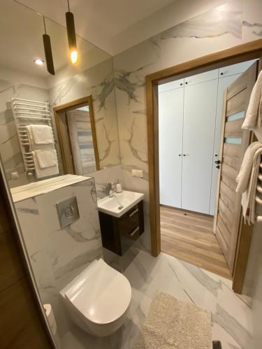 a bathroom with a toilet and a sink at Apartamenty Białe nad jeziorem Białym in Augustów