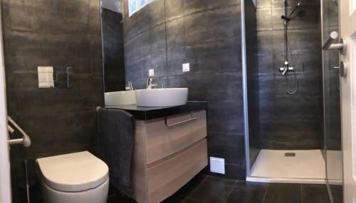 a bathroom with a toilet and a sink and a shower at Casal de São José - Praia das Maçãs in Colares
