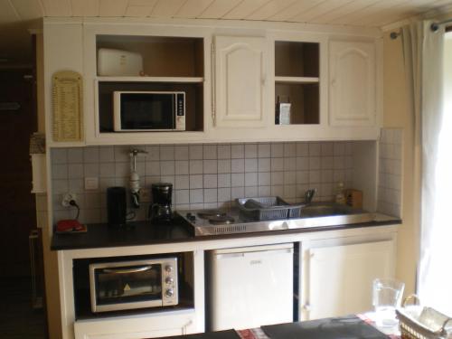 een keuken met witte kasten en een magnetron bij L Ermitage ST Roch appartement ST André in Salins-les-Bains