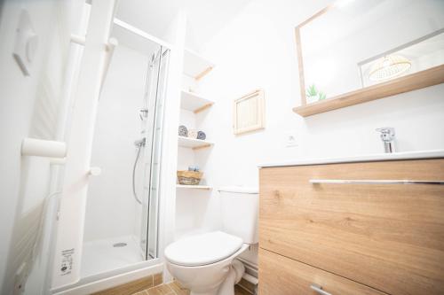 une salle de bain avec toilettes et douche dans l'établissement LE WHITE - CLIM PARKING WIFI 5min PLAGE NEUF 6MAX -TOP PROS SERVICESConciergerie, à La Grande Motte