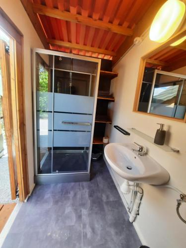 a bathroom with a sink and a glass shower at casavistafiore in Montefiore dellʼAso