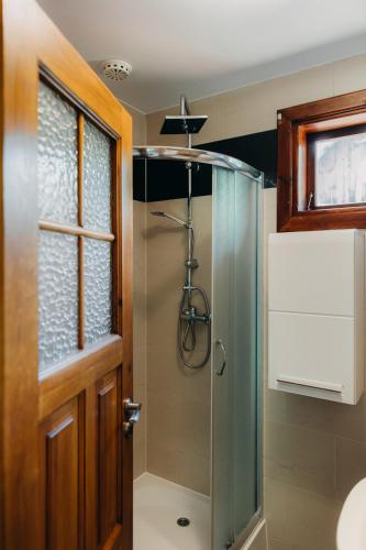 a shower in a bathroom with a glass door at Domki nad potokiem in Susiec