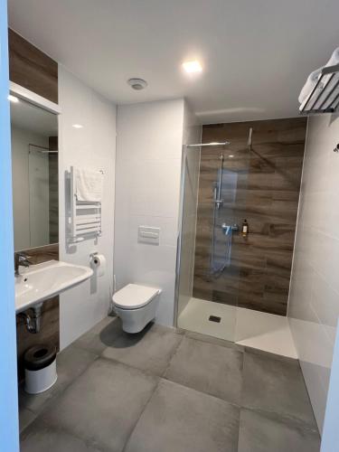 a bathroom with a shower and a toilet and a sink at Aparthotel Apartamenty Czarna Góra 417 in Sienna