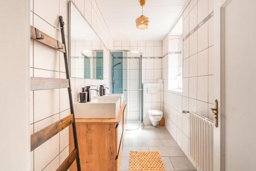 La salle de bains est pourvue d'un lavabo et de toilettes. dans l'établissement Havre de paix au pied du château et des remparts, à La Petite-Pierre