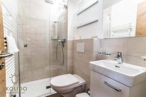 a bathroom with a toilet and a shower and a sink at Haus Camillo in Saas-Fee