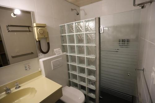 a bathroom with a shower and a toilet and a sink at Hotel Andino Club - Hotel Asociado Casa Andina in Huaraz