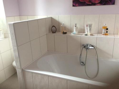 La salle de bains est pourvue d'une baignoire et d'une douche. dans l'établissement La Bergerie, à Gurs