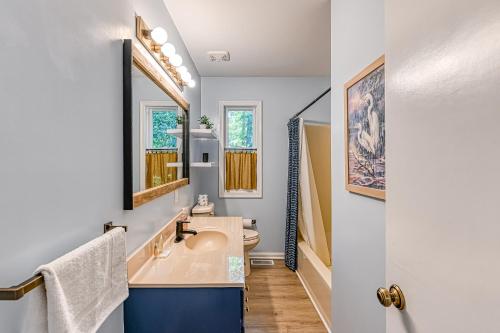 uma casa de banho com um lavatório e um espelho em The Blue Heron Retreat em Bumpass