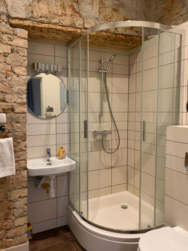 een badkamer met een douche, een toilet en een wastafel bij Guesthouse Jakob Lenz in Rīga
