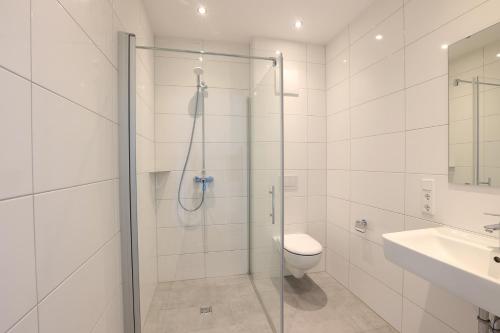 een badkamer met een douche, een toilet en een wastafel bij Apartments Vreden Familie Lansing in Vreden