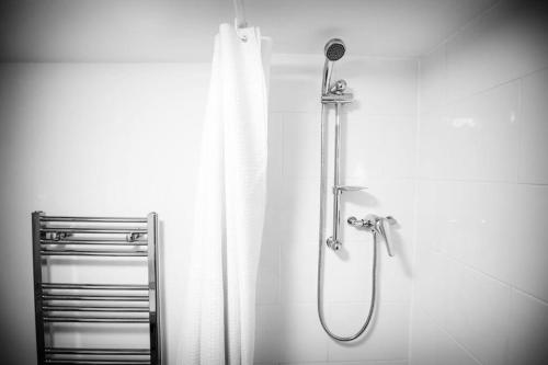 埃克塞特的住宿－The Basement，带淋浴和浴帘的浴室