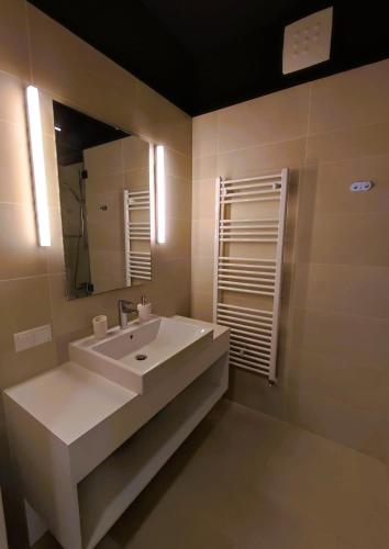 a bathroom with a white sink and a mirror at Silba - Luxury Apartment in Rabac