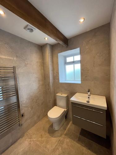 a bathroom with a toilet and a sink and a window at The Old Parlour - With Hot tub and Dog Friendly! in Selby