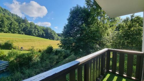 a balcony with a view of a field and trees at Appartement de station rénovée avec parking in Habère-Poche