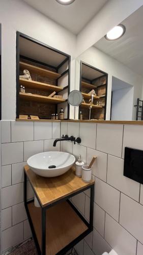 a bathroom with a sink and a mirror at Bydlit cz in Brno