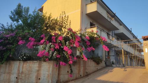 a fence with pink flowers on the side of a building at Alfiere 59 in Reggio di Calabria