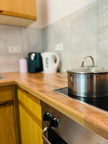 a pot sitting on top of a stove in a kitchen at Ferienwohnung Natur in Balingen
