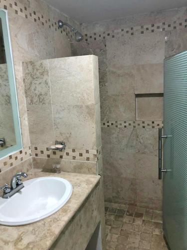 a bathroom with a sink and a shower at Hotel Ruah in Cuernavaca