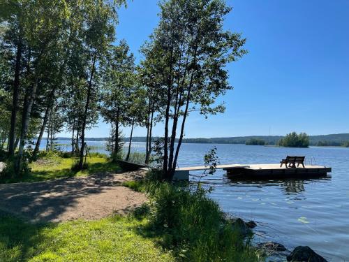 a bench sitting on a dock on a lake at Säilöksen Lomahuvilat in Luhanka