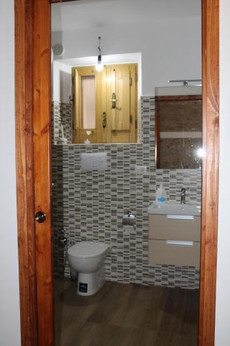 bagno con servizi igienici, lavandino e specchio di Ospitalita Diffusa Jungi Mundu - Casa Diritti Umani a Camini