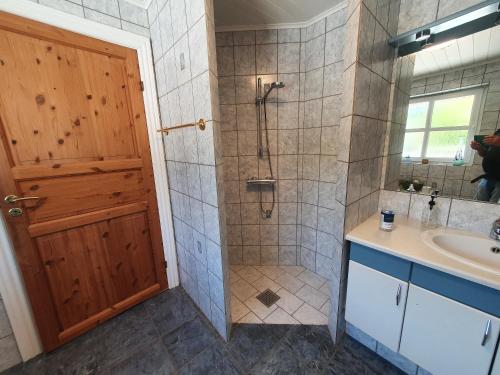 uma casa de banho com um chuveiro e um lavatório. em Airbnb-lejligheder, Villerslev 