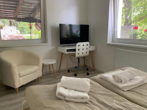 1 dormitorio con 1 cama, TV y silla en Apartments 2 Valečov-Zásadka 7, en Boseň