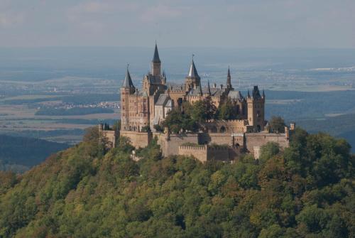 a castle on top of a hill with trees at Ferienwohnung Natur in Balingen