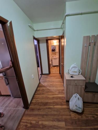 a hallway leading to a room with a door and a hallwayngthngthngthngth at Apartment Slanic moldova in Slănic-Moldova
