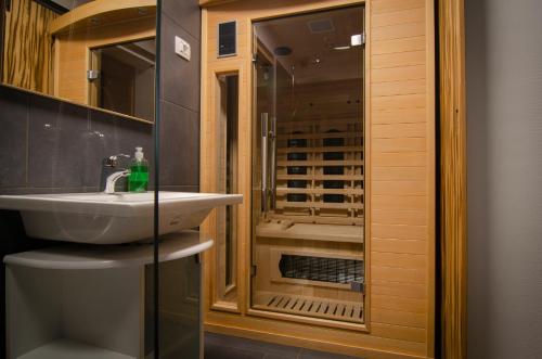 a bathroom with a sink and a walk in shower at Apartments with SAUNAS - Gobi in Podčetrtek