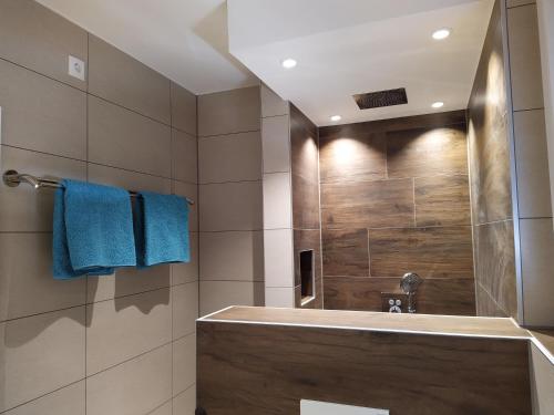 a bathroom with a tub and a shower with blue towels at Ferienhof-Dachsberg Wohnung Highlander in Bermatingen