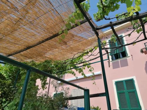 a pink building with a straw roof at CA DU STEA in Lavagna