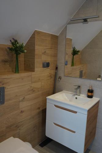 ein Bad mit einem Waschbecken und einem Spiegel in der Unterkunft Wiślany Raj in Danzig