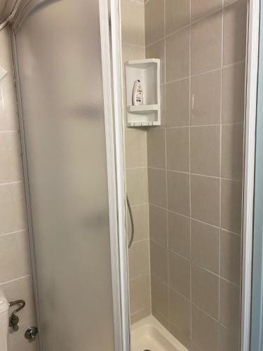 a shower with a glass door in a bathroom at Vine Cottage in Káptalantóti