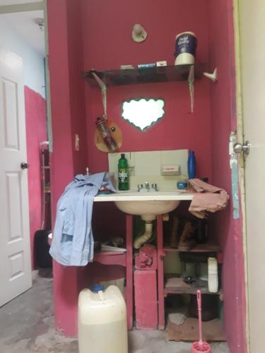 a bathroom with a sink and a red wall at Diablillo in Monterrey