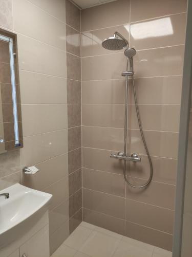 a bathroom with a shower and a sink at Dark side Inn in Ruse