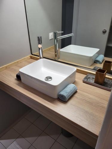 a white sink on a wooden counter in a bathroom at Résidence Marinotel in Le Diamant