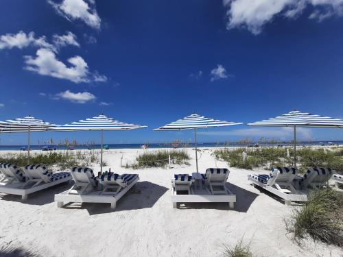 a group of chairs and umbrellas on a beach at Bungalow Beach Resort in Bradenton Beach