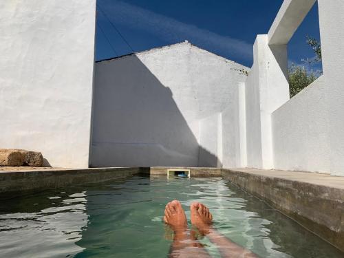 uma pessoa a nadar numa piscina de água em Azeite de Marvão, Olivoturismo casa Venda do Lagar em Marvão