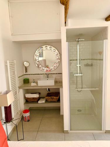 une salle de bain avec une douche, un lavabo et un miroir dans l'établissement La Maison du Courtil, Figue-Miel, à Moustiers-Sainte-Marie