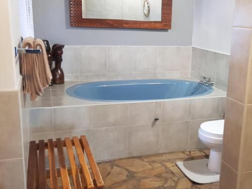 ein Badezimmer mit einer blauen Badewanne und einem WC in der Unterkunft Caprivi River Lodge in Katima Mulilo