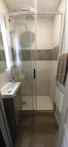 une salle de bain avec douche et lavabo dans l'établissement Histoire de Loire - Savennières sdb partagée, à Saumur