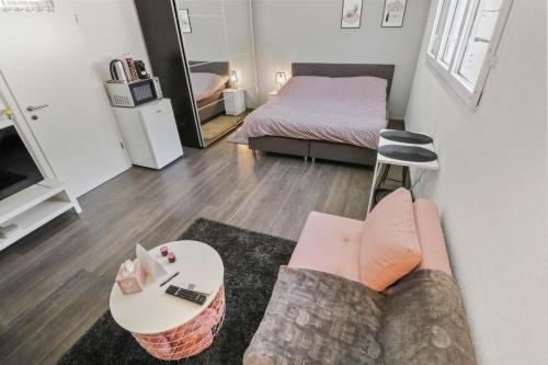 a living room with a couch and a bed at Magnifique studio cosy in Grandcour