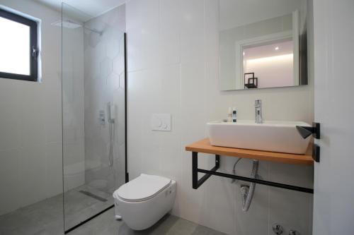 a bathroom with a toilet and a sink and a shower at Hotel Qurku 2 in Sarandë