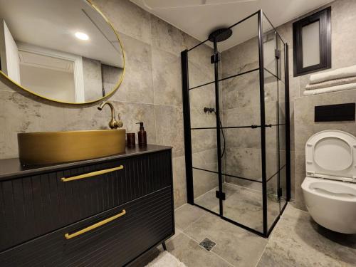 a bathroom with a sink and a toilet and a mirror at דפני דירת נופש in Eilat