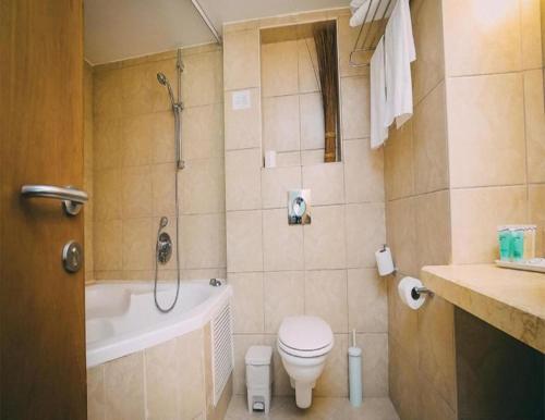a bathroom with a toilet and a tub and a sink at Hagoshrim Hotel & Nature in Hagoshrim